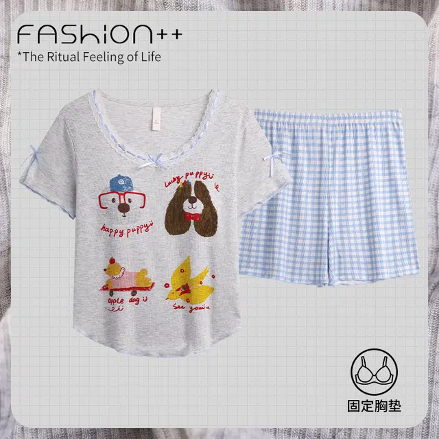 顶瓜瓜 透气亲肤简约款式家居服短袖三分裤睡衣套装 女款