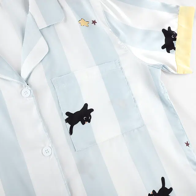 顶瓜瓜 冰丝短袖短裤翻领开衫可爱卡通条纹星星小黑猫凉感休闲三件套家居服夏季睡衣套装 女款