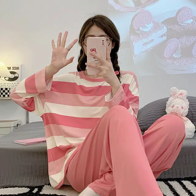 顶瓜瓜 渐变圆领条纹图案设计简约舒适可外穿家居服睡衣套装 女款