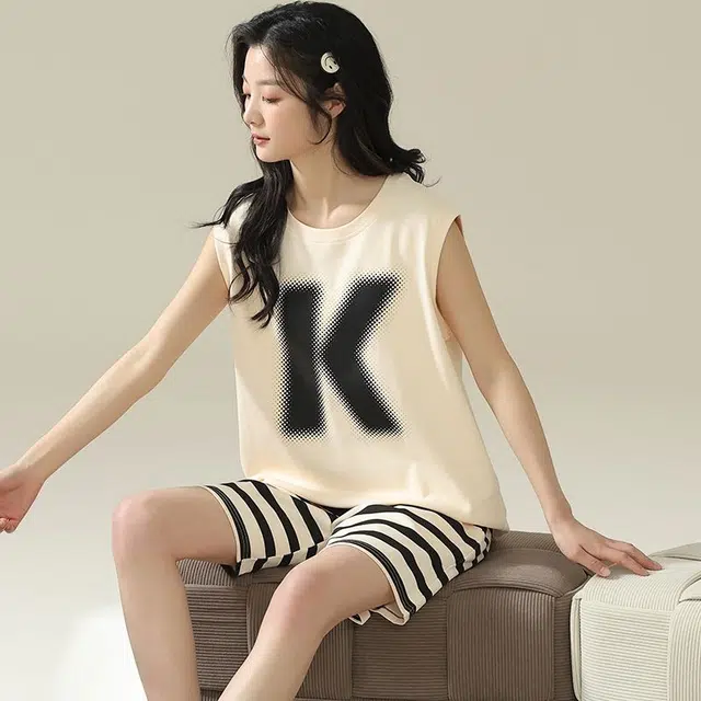 顶瓜瓜 简约舒适无袖条纹短裤家居服睡衣礼盒 女款