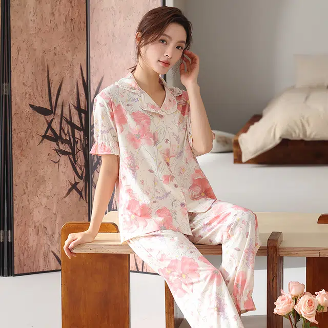 顶瓜瓜 国风灯笼短袖长裤大花休闲舒适家居服睡衣套装 女款