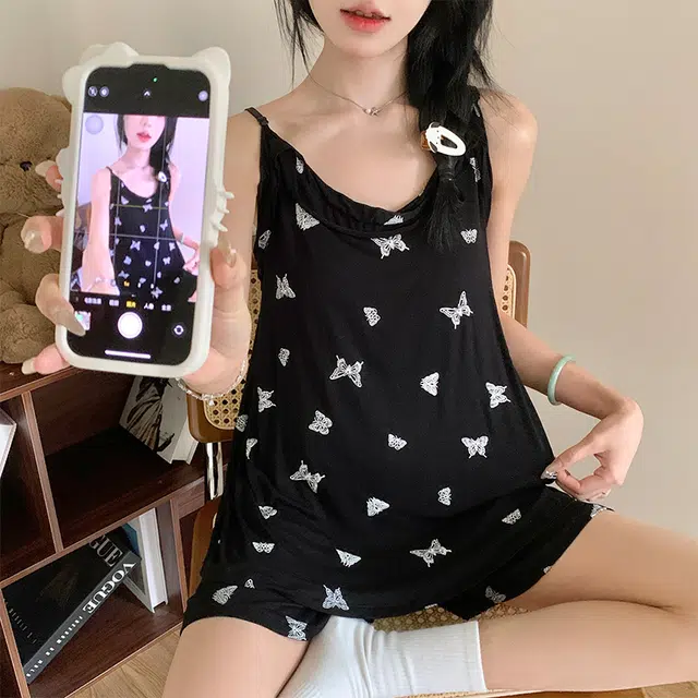 顶瓜瓜 莫代尔带胸垫性感吊带短裤可爱甜美纯色蝴蝶两件套家居服夏季睡衣套装 女款