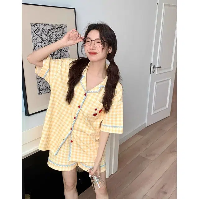 顶瓜瓜 格子透气舒适休闲可爱短袖家居服睡衣套装 女款