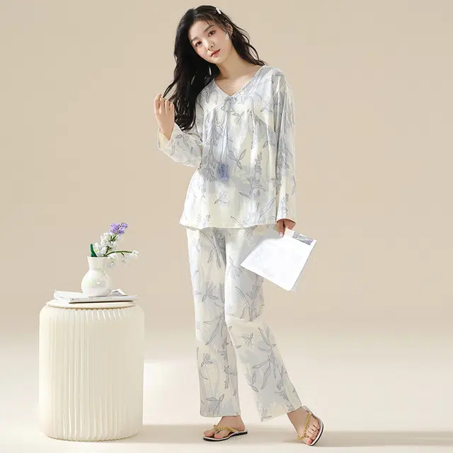 顶瓜瓜 居家舒适休闲简约风长袖复古家居服睡衣套装 女款