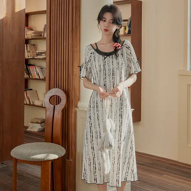顶瓜瓜 花纹透气亲肤带胸垫短袖简约舒适可外穿家居服睡裙 女款