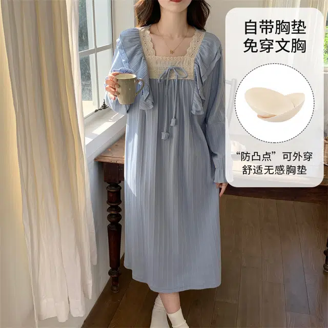 顶瓜瓜 带胸垫家居亲肤简约透气舒适长袖方领服睡裙 女款