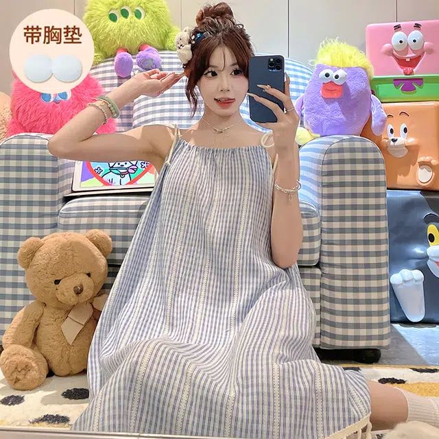 顶瓜瓜 带胸垫性感无袖吊带条纹休闲家居服睡裙 女款 图片色