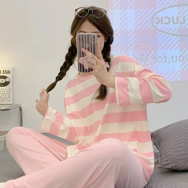顶瓜瓜 圆领条纹图案简约舒适可外穿家居服睡衣套装 女款