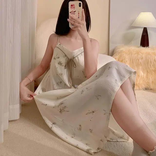 顶瓜瓜 云朵棉带胸垫性感吊带长裙套头简约舒适竹叶休闲家居服夏季睡裙 女款