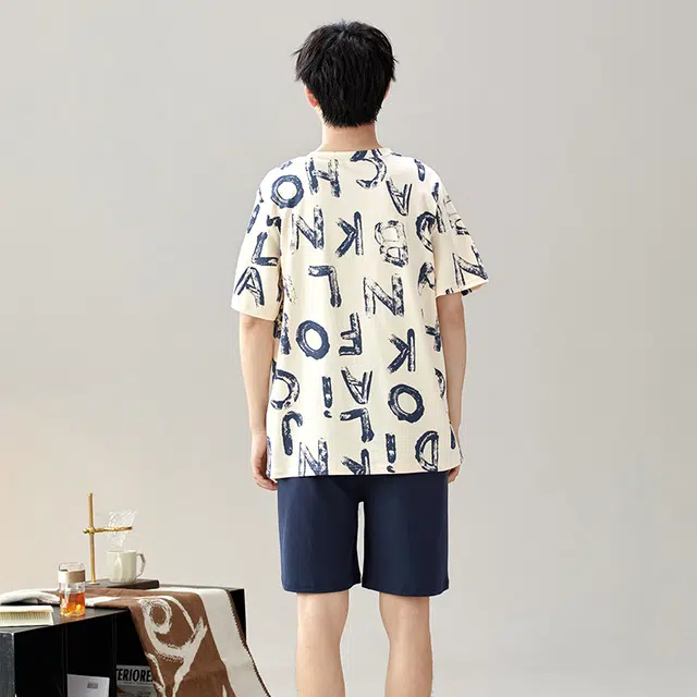 顶瓜瓜 字母满印印花简约舒适短袖可外穿家居服五分裤睡衣套装 男款