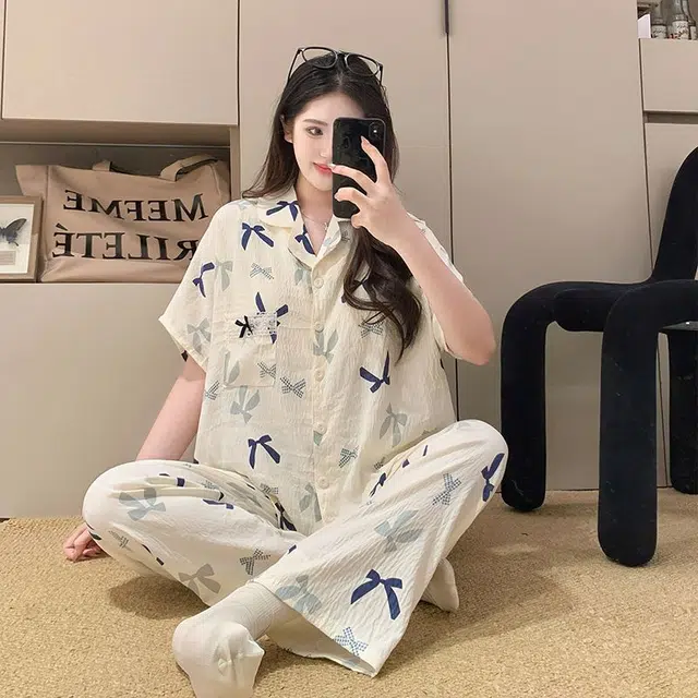 顶瓜瓜 夏季女透气简约舒适休闲短袖家居服睡衣套装 女款