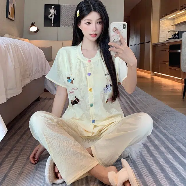 顶瓜瓜 家居女黄小狗印花简约休闲风可外穿短袖三件套服睡衣礼盒 女款