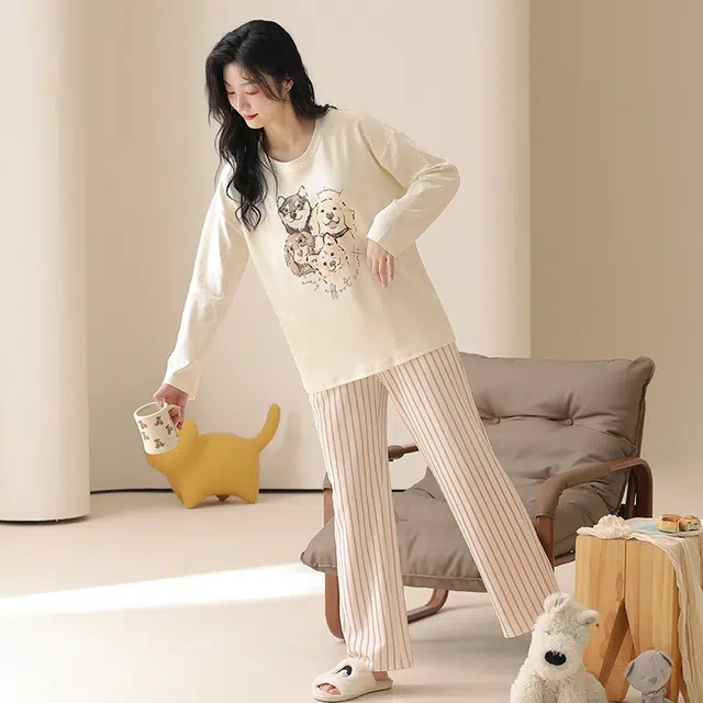 顶瓜瓜 带胸垫小狗图案简约舒适纯棉面料可外穿家居服睡衣套装 女款