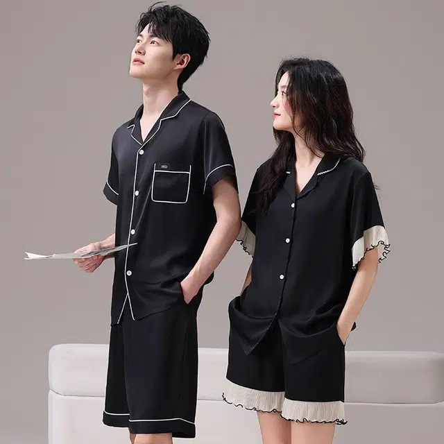 顶瓜瓜 冰丝短裤翻领开衫纯色可外穿简约情侣家居服夏季睡衣礼盒 男女同款