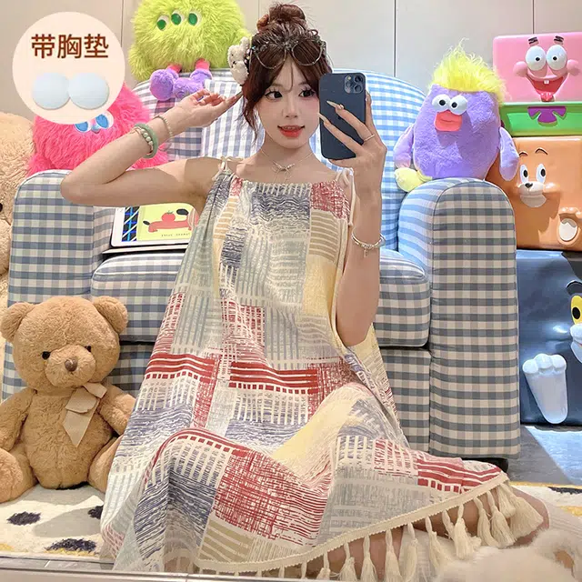 顶瓜瓜 不可拆卸胸垫性感吊带无袖拼接条纹休闲家居服睡裙 女款 图片色