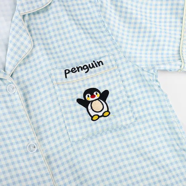 顶瓜瓜 短袖可爱卡通小企鹅格子家居服睡衣套装 女款 图片色