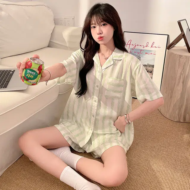 顶瓜瓜 棉质短袖短裤翻领开衫清新条纹两件套家居服夏季睡衣套装 女款