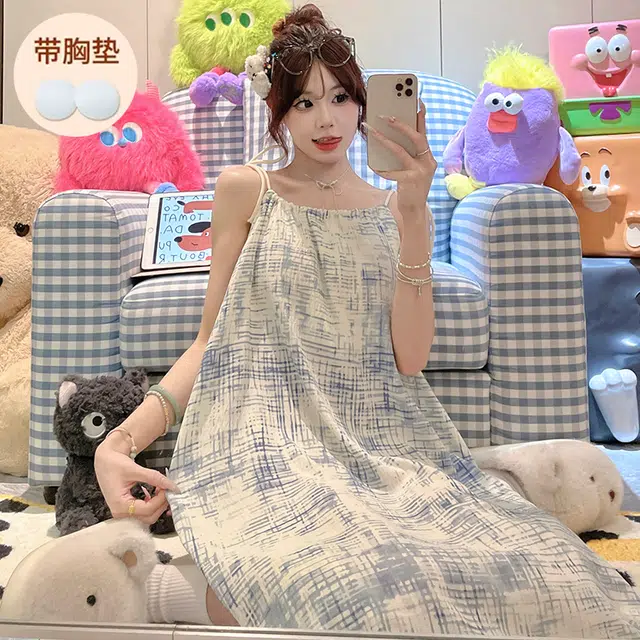 顶瓜瓜 不可拆卸胸垫性感吊带无袖渐变条纹休闲家居服睡裙 女款 图片色