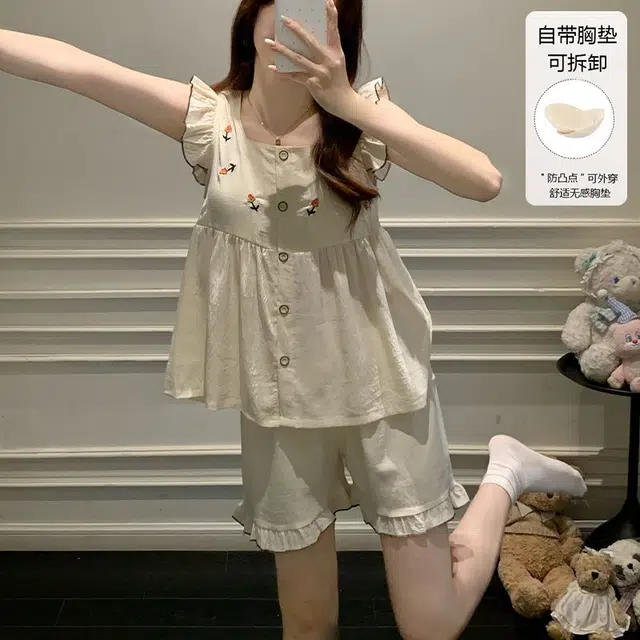 顶瓜瓜 带胸垫夏季女透气舒适休闲宽松家居服睡衣套装 女款