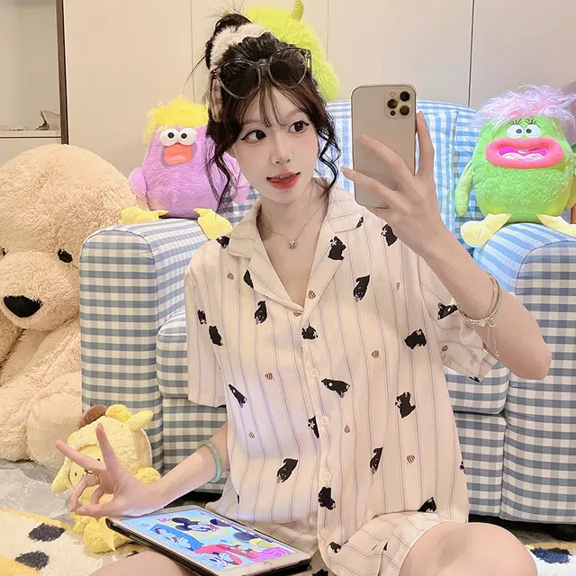 顶瓜瓜 棉质短袖短裤翻领开衫可爱卡通小熊条纹两件套家居服夏季睡衣套装  女款