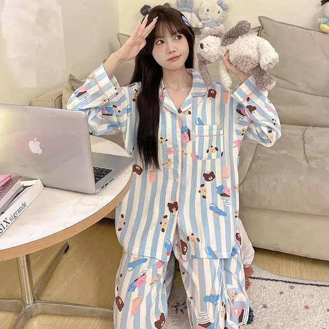 顶瓜瓜 条纹卡通动物翻领简约舒适亲肤透气面料可外穿家居服睡衣套装 女款