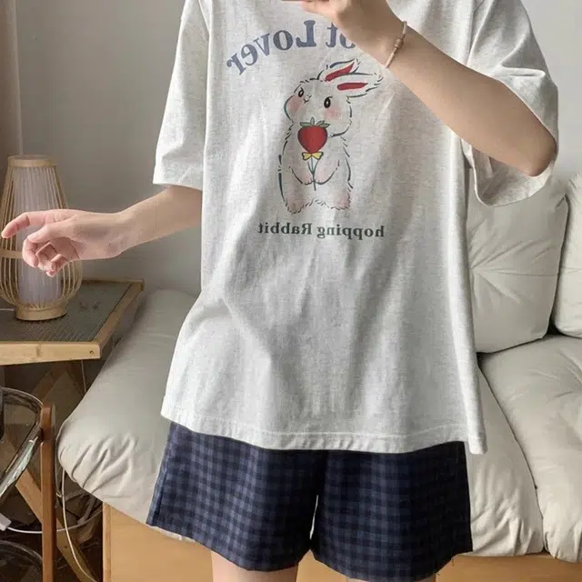 顶瓜瓜 云朵棉短袖短裤圆领套头简约甜美兔子格子家居服夏季睡衣礼盒 女款