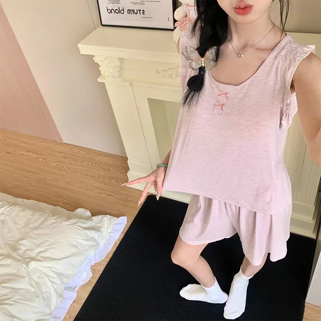 顶瓜瓜 莫代尔带胸垫无袖背心短裤可爱甜美纯色休闲两件套家居服夏季睡衣套装 女款