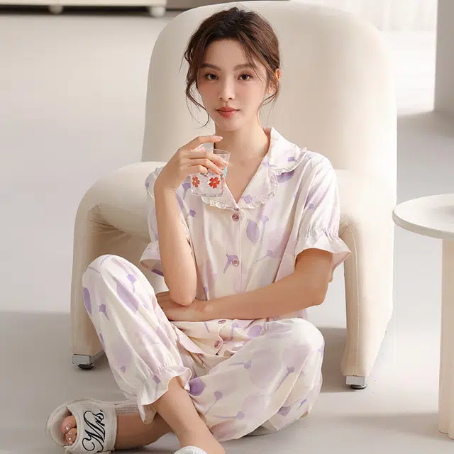 顶瓜瓜 国风灯笼短袖长裤花瓣休闲舒适家居服睡衣套装 女款
