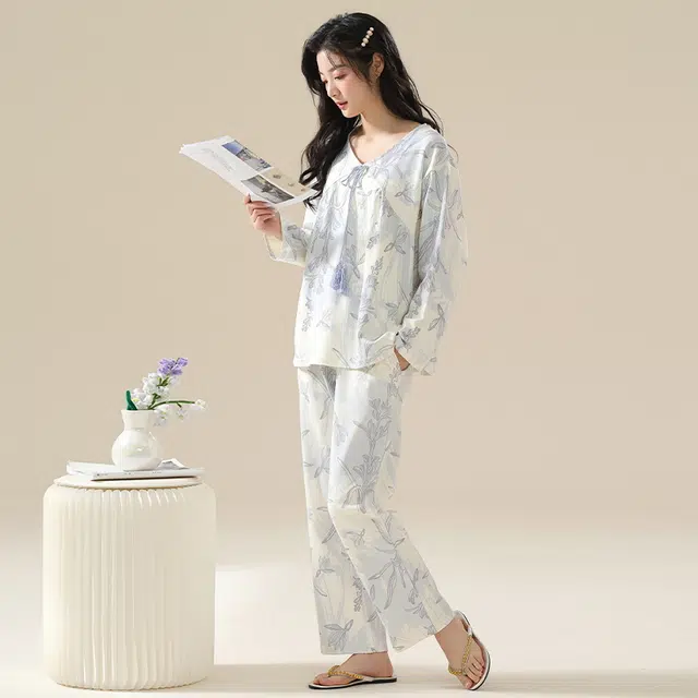 顶瓜瓜 居家舒适休闲简约风长袖复古家居服睡衣套装 女款