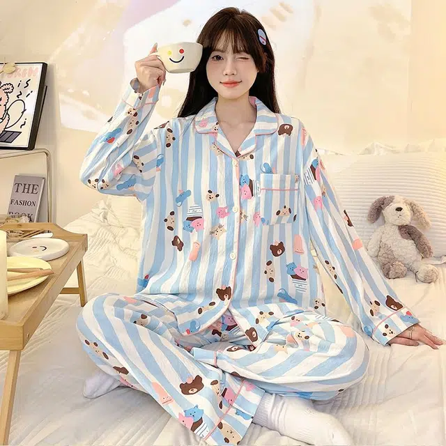 顶瓜瓜 条纹卡通动物翻领简约舒适亲肤透气面料可外穿家居服睡衣套装 女款