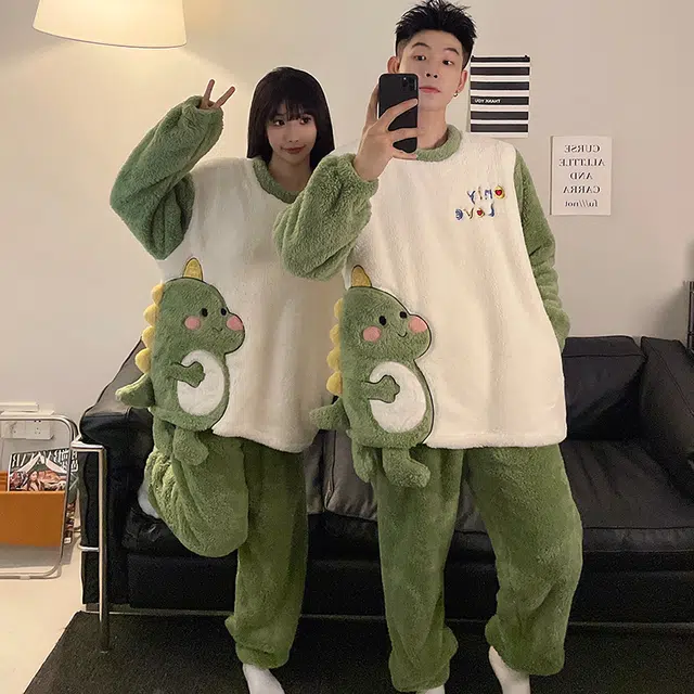 顶瓜瓜 圆领卡通小恐龙时尚甜美风珊瑚绒加绒加保暖休闲舒适冬季家居服睡衣套装 男女同款