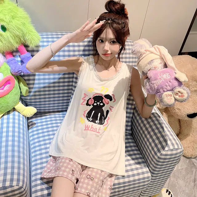 顶瓜瓜 带胸垫无袖上衣短裤泡泡皱圆领套头可爱卡通小狗休闲两件套家居服夏季睡衣套装 女款