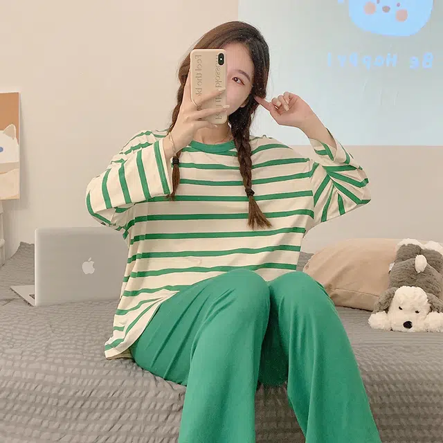 顶瓜瓜 条纹图案设计圆领简约舒适可外穿家居服睡衣套装 女款