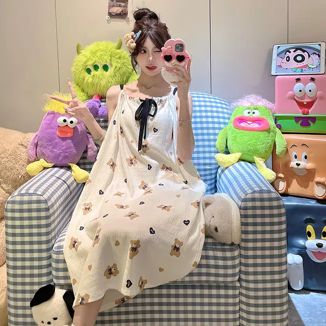 顶瓜瓜 带胸垫性感吊带爱心小熊无袖家居服睡裙 女款 图片色
