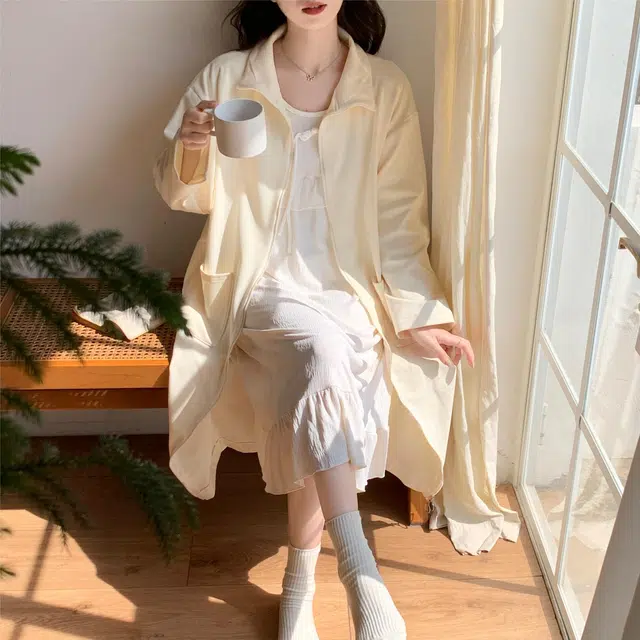 顶瓜瓜 德绒长袖长裙圆领拉链纯色可外穿家居服秋冬季睡裙 女款
