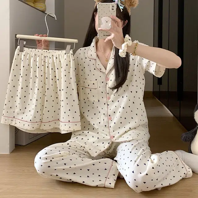 顶瓜瓜 夏季女透气舒适休闲短袖三件套家居服睡衣套装 女款