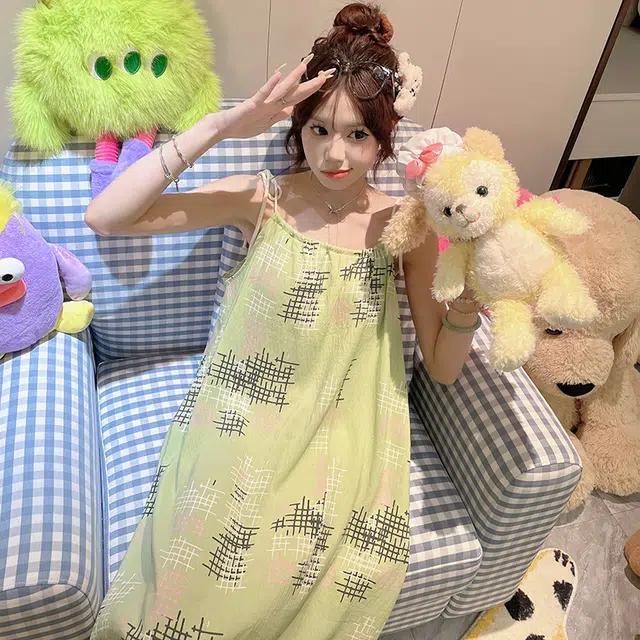 顶瓜瓜 不可拆卸胸垫性感吊带无袖小清新条纹休闲家居服睡裙 女款 图片色