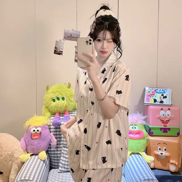 顶瓜瓜 棉质短袖短裤翻领开衫可爱卡通小熊条纹两件套家居服夏季睡衣套装  女款