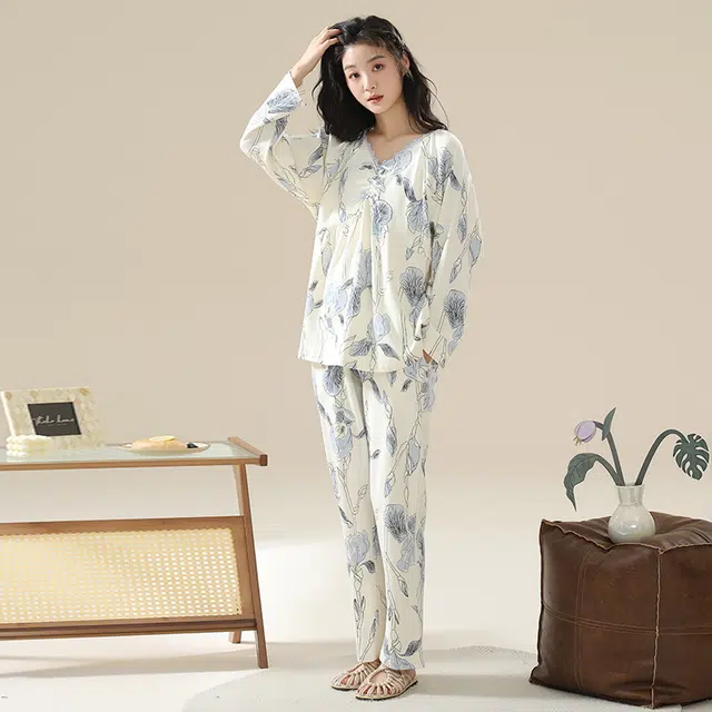 顶瓜瓜 居家女舒适休闲简约风长袖长裤家居服睡衣套装 女款