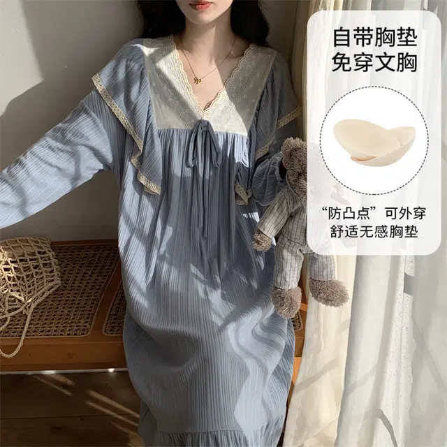 顶瓜瓜 带胸垫家居简约透气舒适长袖服睡裙 女款