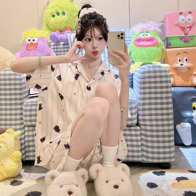 顶瓜瓜 棉质短袖短裤翻领开衫可爱卡通小熊条纹两件套家居服夏季睡衣套装  女款