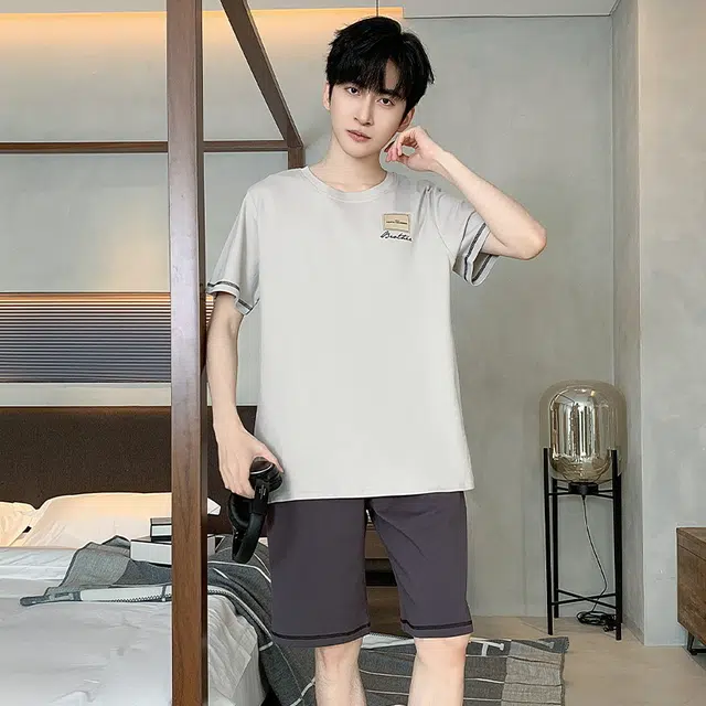 顶瓜瓜 简约舒适短袖上衣可外穿家居服五分裤睡衣套装 男款