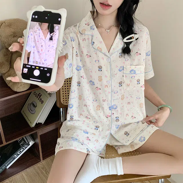 顶瓜瓜 云朵棉短袖短裤翻领开衫可爱卡通小狗休闲家居服夏季睡衣套装 女款