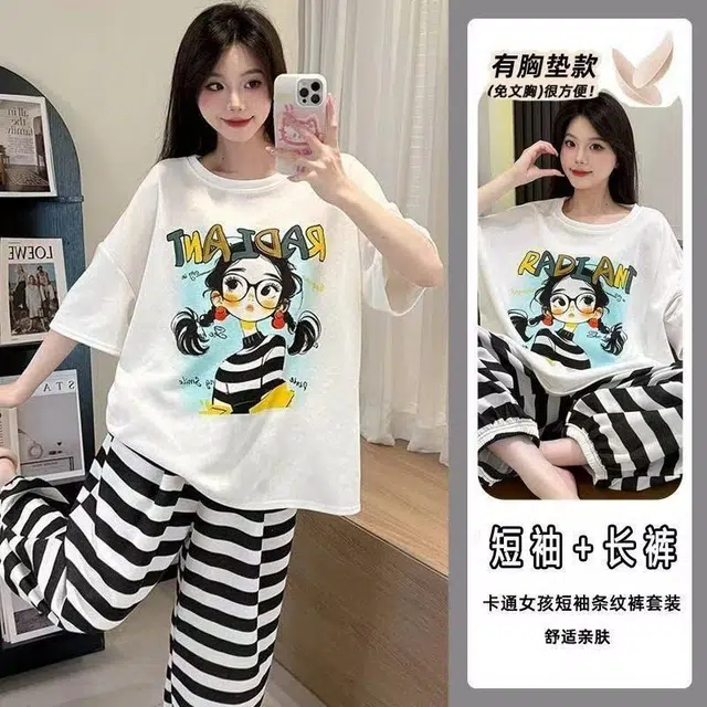 顶瓜瓜 棉质短袖长裤圆领套头可爱卡通女孩条纹休闲家居服夏季睡衣礼盒 女款