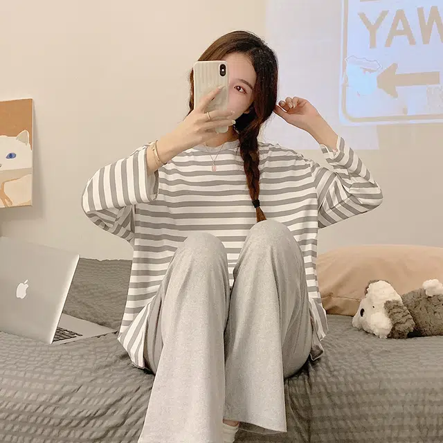 顶瓜瓜 圆领条纹图案设计简约舒适可外穿家居服睡衣套装 女款