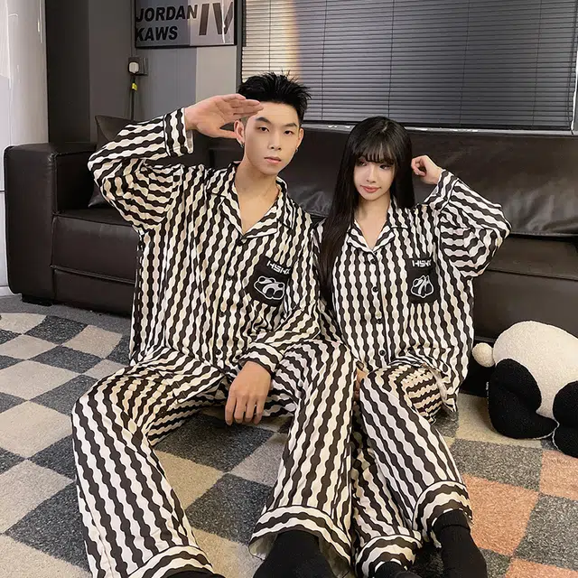 顶瓜瓜 格子长袖长裤简约舒适家居服春夏款睡衣套装 男女同款