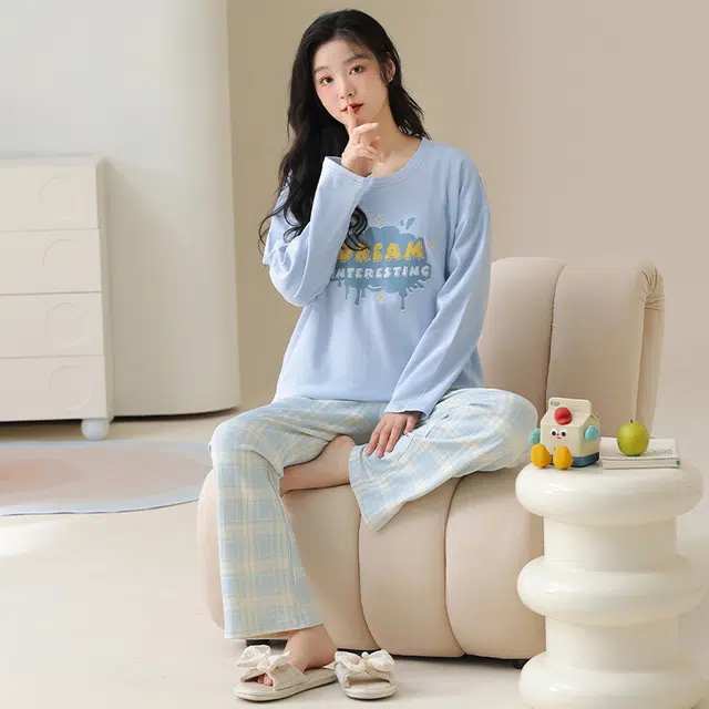 顶瓜瓜 带胸垫简约舒适纯棉可外穿家居服长袖长裤睡衣套装 女款