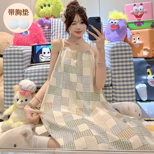 顶瓜瓜 不可拆卸胸垫性感吊带无袖格子条纹休闲家居服睡裙 女款 图片色