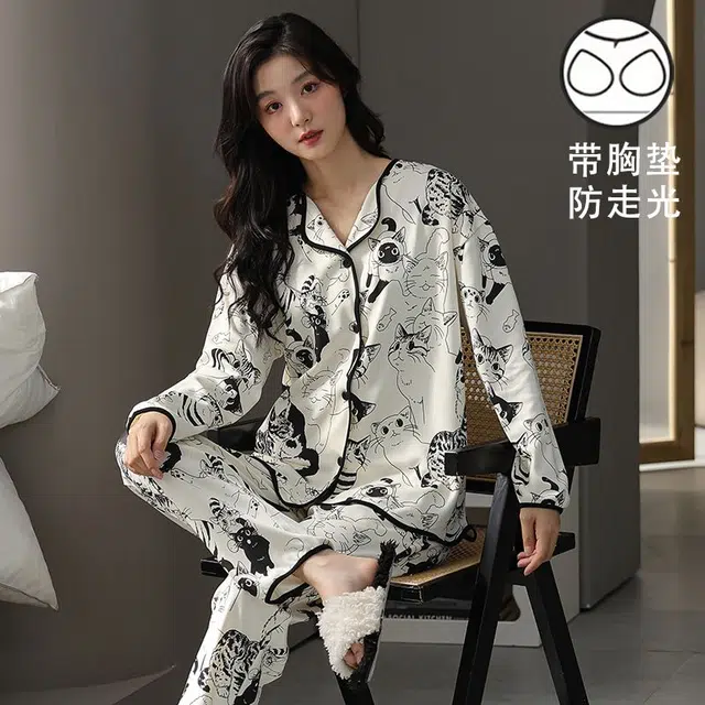 顶瓜瓜 仿棉女长袖长裤带胸垫开衫时尚休闲女家居服睡衣套装 女款