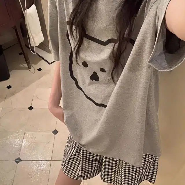 顶瓜瓜 带胸垫夏季短袖卡通小熊休闲透气舒适格子短裤家居服可外穿睡衣套装 女款